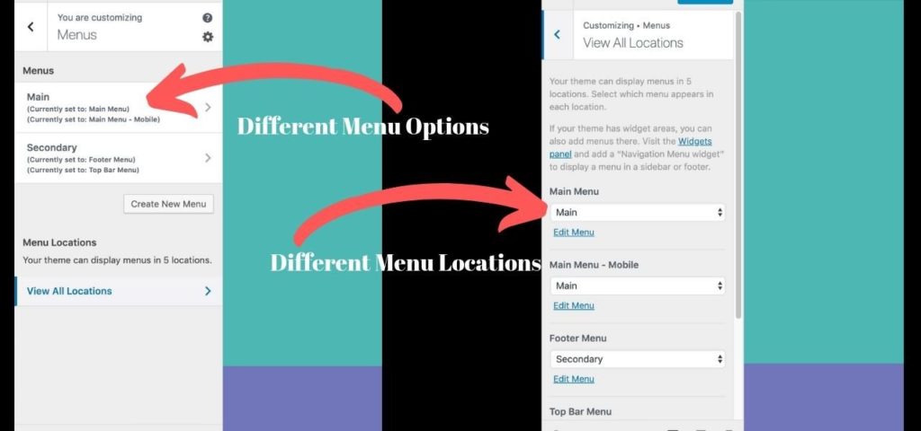 Navigation Menu Different menu options and locaations